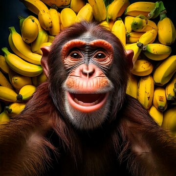 Funny imge of a happy monkey taking a selfie surrounded by bananas