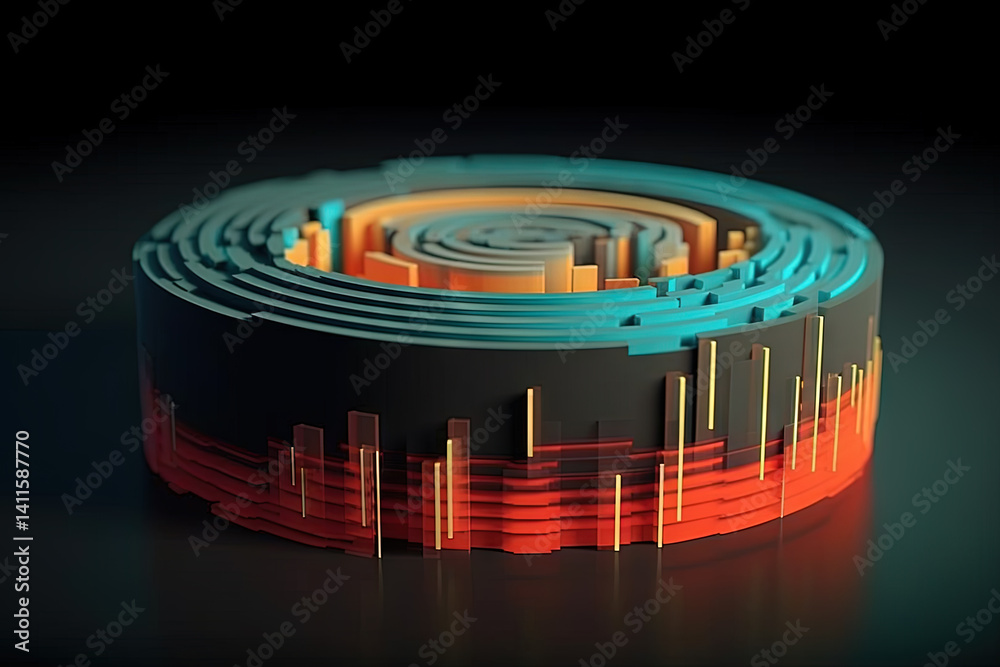 Poster 3D business graph with organized bars and information blocks. Abstract infographic element. Business growth and development to success concepts