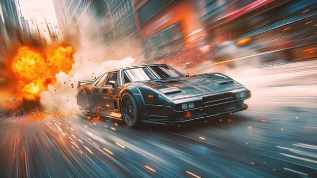 Blockbuster action shot of a car race. Fast 80s-style supercar speeding through a city street with a fiery explosion behind, captured in dynamic cinematic motion