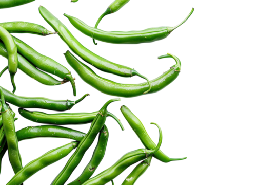 Fresh green beans scattered across a light surface, showcasing vibrant colors and natural shapes in the kitchen isolated on transparent background - Powered by Adobe