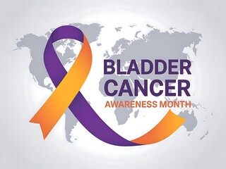 A global call to action: Bladder Cancer Awareness Month, symbolized by a powerful purple and orange ribbon against a world map background.