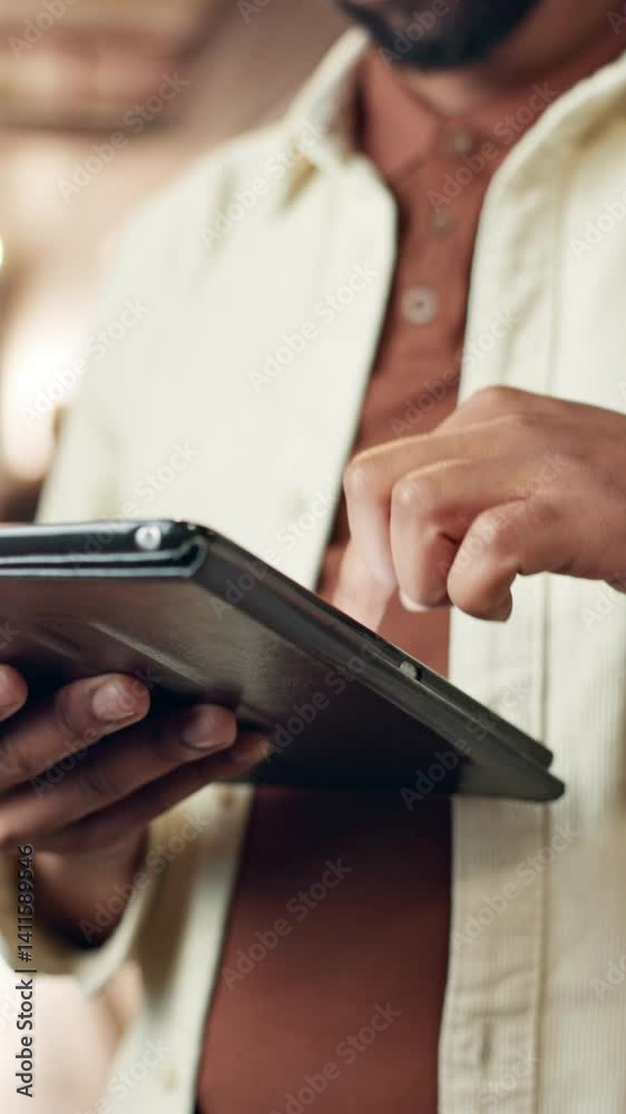 Poster browsing, employee and hands with tablet, research and online for information on web and social medi
