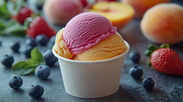 Double scoop ice cream, peach and berry flavors, in a paper cup. Fresh fruit surrounds the treat