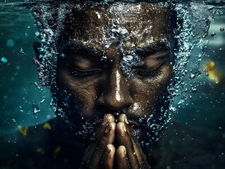 A Black Man Praying Underwater with Eyes Closed and Hands Pressed Together