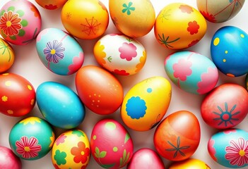 Fototapeta premium Vibrant painted Easter eggs seamlessly arranged on white, textile, craft