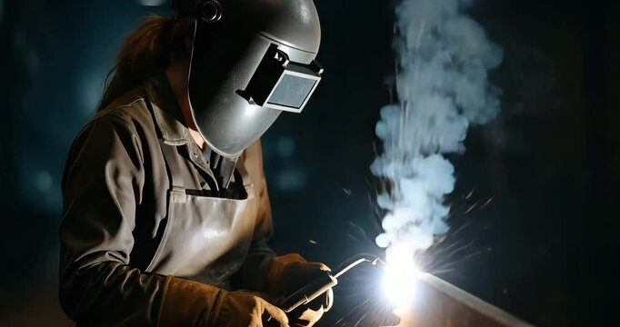 The Skilled Welder: A female welder concentrates intently as she works on a metal project.  She is focused and skilled, wearing protective gear and working in a smoky environment.