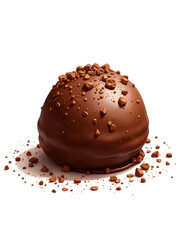 A glossy chocolate dome dessert dusted with cocoa powder on a white background.