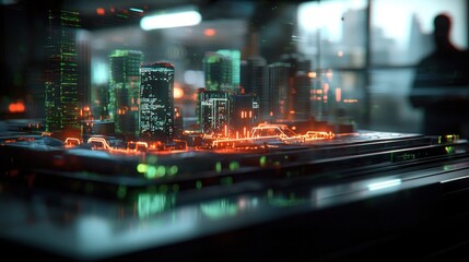 Obraz premium Futuristic city model on a tech surface with city view in background