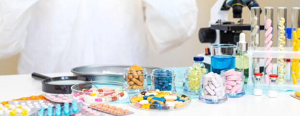 examine drugs in the laboratory. Selective focus.