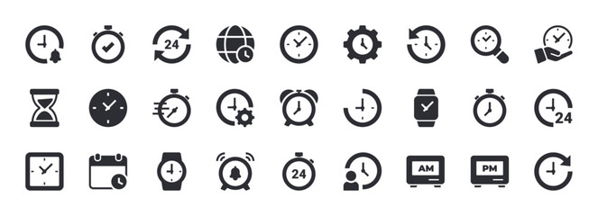 Time Icon Set. Containing Clock, Alarm, Timer, Stopwatch. Solid Vector Icons.