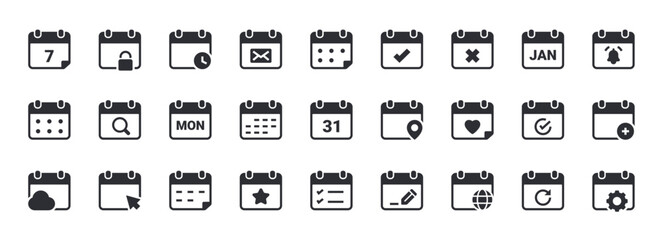 Calendar Icon Set. Containing Date, Event, Agenda, Planner. Solid Vector Icons.