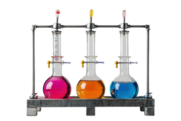Colorful chemical experiment with vibrant solutions in glass flasks on a laboratory stand under bright lighting isolated on transparent background