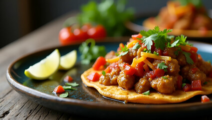 Refined Mexican Cuisine Art Imagery: Vivid Plating Techniques & Exquisite Dish Styling for Upscale Promotional Campaigns in Photo Stock Concept with Left Space
