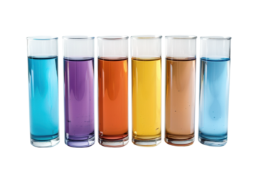 Colorful liquids in test tubes create a vibrant spectrum on a minimalist background during a science experiment isolated on transparent background