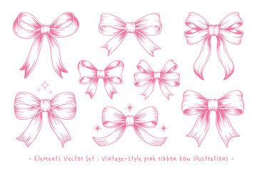 Vintage-style pink ribbon bow illustrations, perfect for gift wrapping, feminine designs, greeting cards, and romantic themes. Hand-drawn and decorative vector elements.

