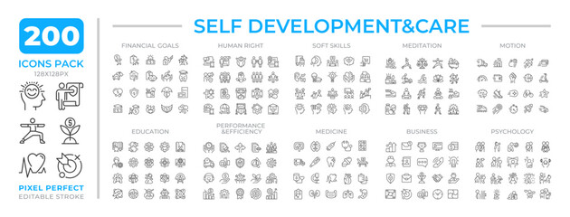 Self development and care line icons set collection. Mental and physical health. Personal improvement mega pack of linear pictograms, pixel perfect. Isolated vector illustrations. Editable stroke
