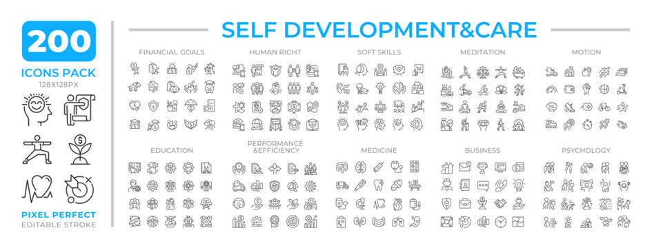 Self development and care line icons set collection. Mental and physical health. Personal improvement mega pack of linear pictograms, pixel perfect. Isolated vector illustrations. Editable stroke