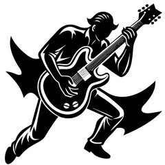 Vector silhouette of a guitar in a dynamic playing pose with a focus on the strings and neck
