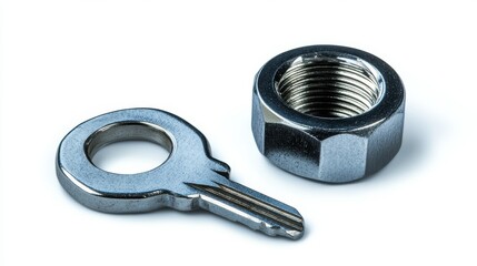 A shiny metal key and nut captured in detail. This image highlights the intricacies of mechanical components. Perfect for engineering and hardware themes. Generative AI