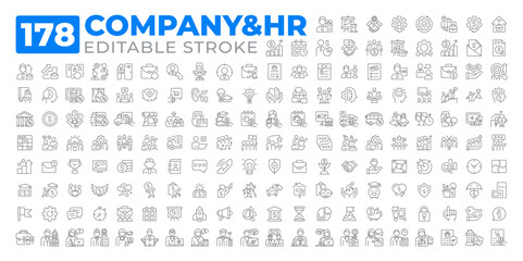 Company and HR line icons set collection. Corporate workflow management. Talents employment strategy. Human resources mega pack of linear pictograms. Isolated vector illustrations. Editable stroke
