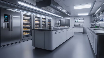 Modern Commercial Kitchen Interior Design with Stainless Steel Appliances and Baking Equipment