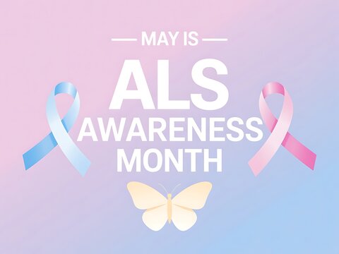Hope flutters during ALS Awareness Month, symbolized by delicate ribbons and a gentle butterfly against a soft pastel backdrop.
