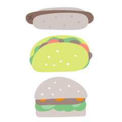 Vegan fast food. Hot dog, burger, taco. Hand drawn illustration. Isolated icons. Vector design on white background.