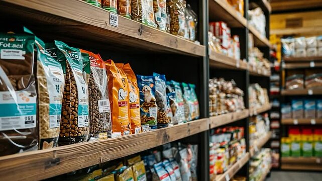Wooden shelves filled with pet food bags in a store