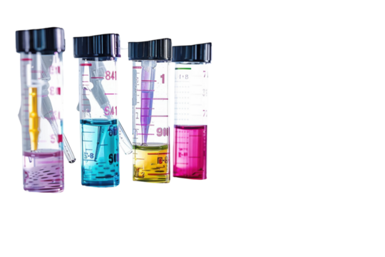 Experimenting with vibrant liquids in laboratory vials during a scientific procedure under bright lighting conditions isolated on transparent background