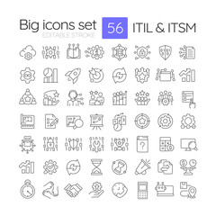 ITIL and ITSM line icons set. Customer experience. Survey, feedback. Software development, coding. Isolated vector outline illustrations. Thin lineart iconset symbols. Editable stroke
