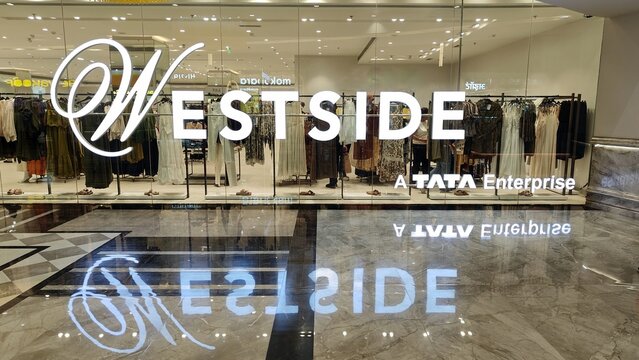 Front view of Westside clothing store, a Tata enterprise, showcasing modern fashion displays and stylish store design in a shopping mall. 12 April 2025, Pune, Maharastra, India 