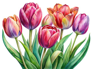 Watercolor Painting of Six Colorful Tulips with Green Leaves on Trensprent Background png