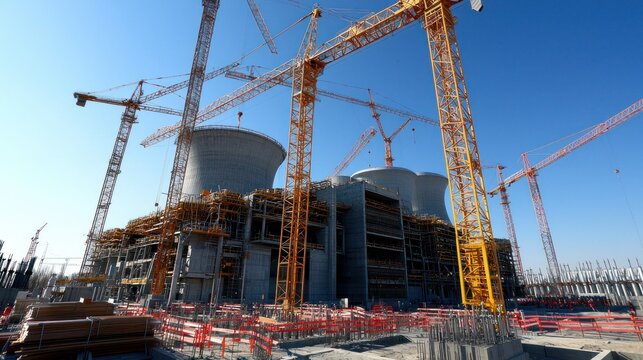 Construction site of a nuclear power plant under construction, cranes, sunny day