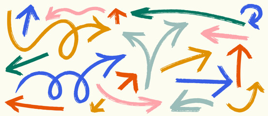 Set of colored dry brush, marker drawn bold arrows. Collection of hand drawn doodle  thick arrows. Arrows, lines in different directions. Hand drawn vector doodle. Design element vector illustration.