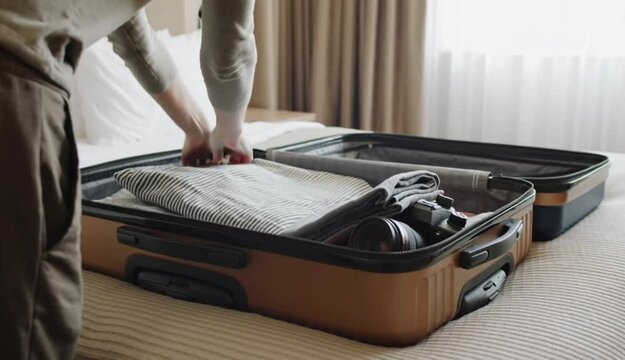 Person packing suitcase on hotel bed with natural light  