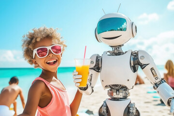 A robot with glass of juice stands next to an African American kid in the summer tropical beach. 
