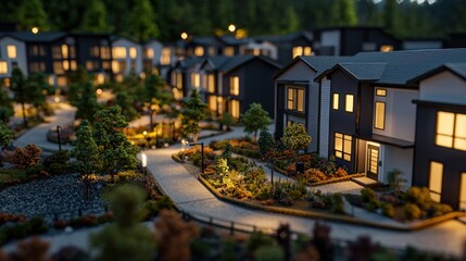 Twilight model townhomes, landscaped pathways, wooded background, architectural design