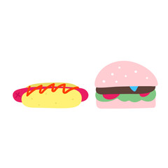 Burger and hot dog. Trendy modern colors. Fast food design. Hand drawn illustration on white background.