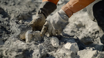 Geologist collecting rock core samples from a drilling site for further lithium evaluation. Featuring core collection