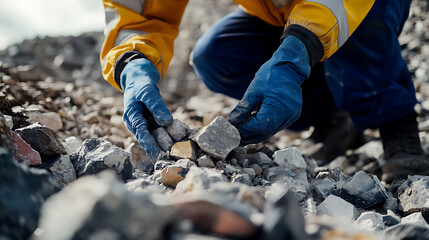 Geologist collecting rock samples from a lithium mining site for analysis. Featuring fieldwork