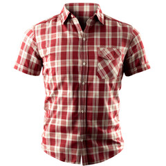  Carmine red short-sleeved shirt with a checkered pattern, on a white background 