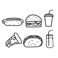 Fast food. Set of outline isolated icons. Burger, hot dog, pizza, soda, taco. Hand drawn illustrations.