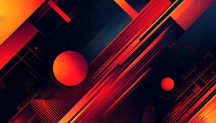 Dynamic abstract design with bold colors and geometric shapes.  Intense energy and speed conveyed through diagonal lines and circles