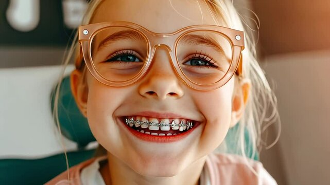 Smiling child with braces enjoys time at home while wearing glasses