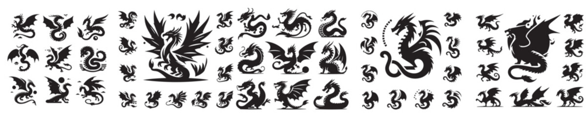 set of vector dragon silhouette icons
