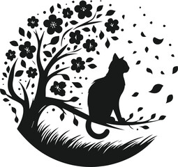 Cat with forest tree vector silhouette