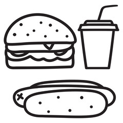 Fast food outline isolated icons. Burger, soda, hot dog. Black color. Illustration on white background.