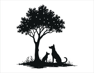 Black and White Dog by Tree – Silhouette Clipart for T-Shirts