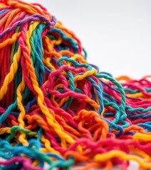 A colorful, tangled mass of yarn overflowing from a bobina, handmade materials, yarn ball, rainbow