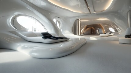 Fototapeta premium Futuristic White Interior Design: Modern Master Bedroom with Organic Shapes
